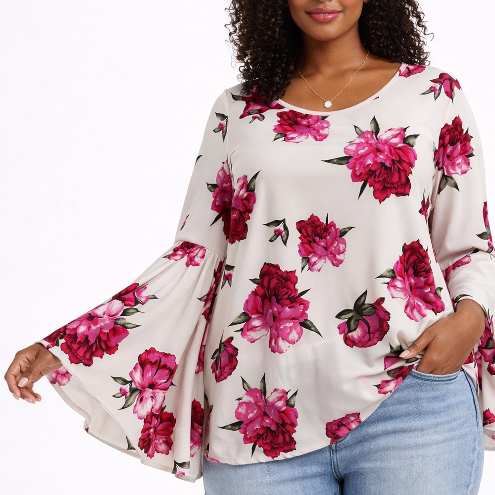 Plus Size 3X Floral Bell Sleeve Blouse | Flowy Ivory Pink Top